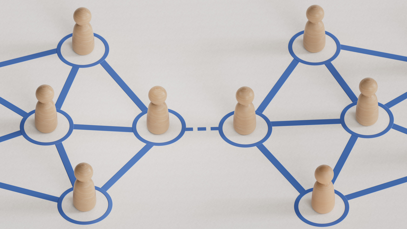 Communication in a business team online and with each other. Social connections between people. Team communication between two competitors. Isolated on white.